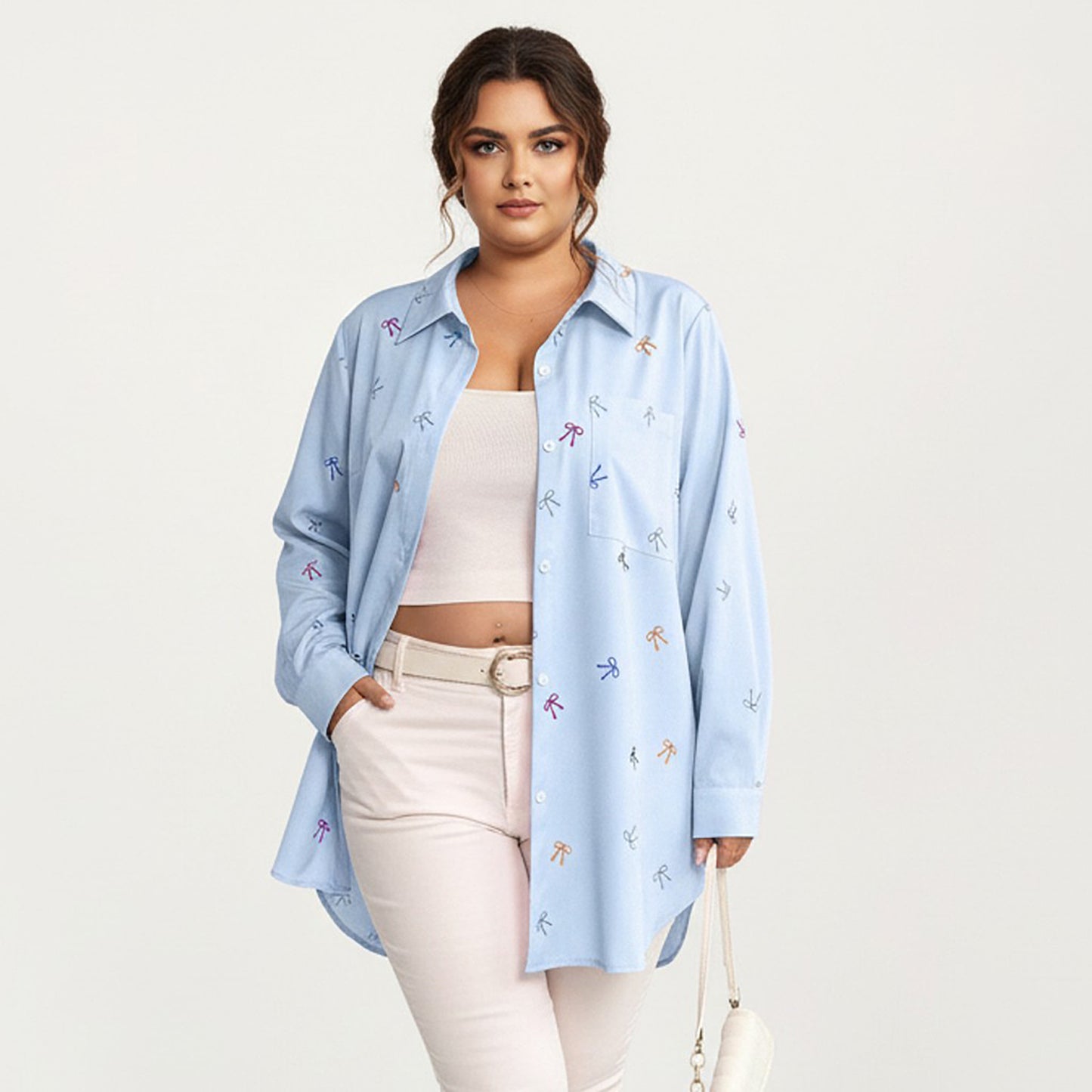 Plus Size Bow Print Long Sleeve Button Down Shirt with Relaxed Fit and Soft Fabric
