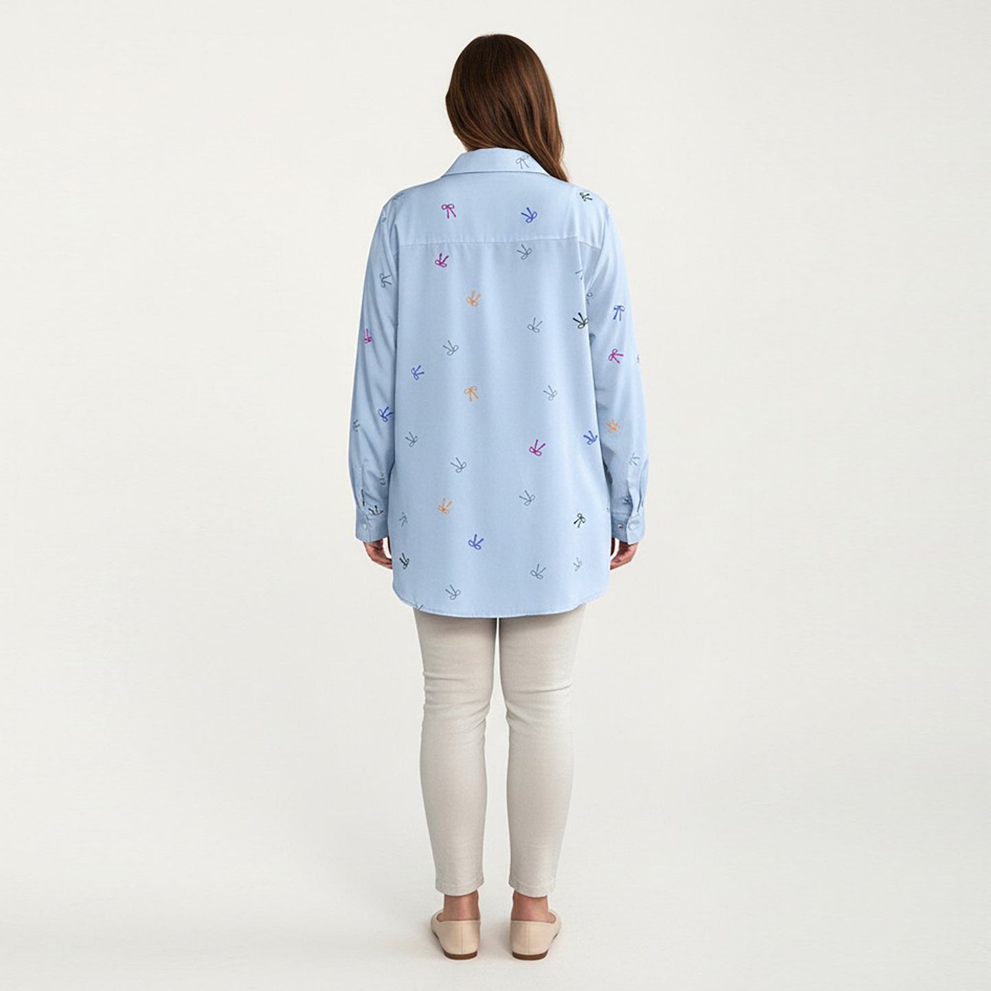Plus Size Bow Print Long Sleeve Button Down Shirt with Relaxed Fit and Soft Fabric