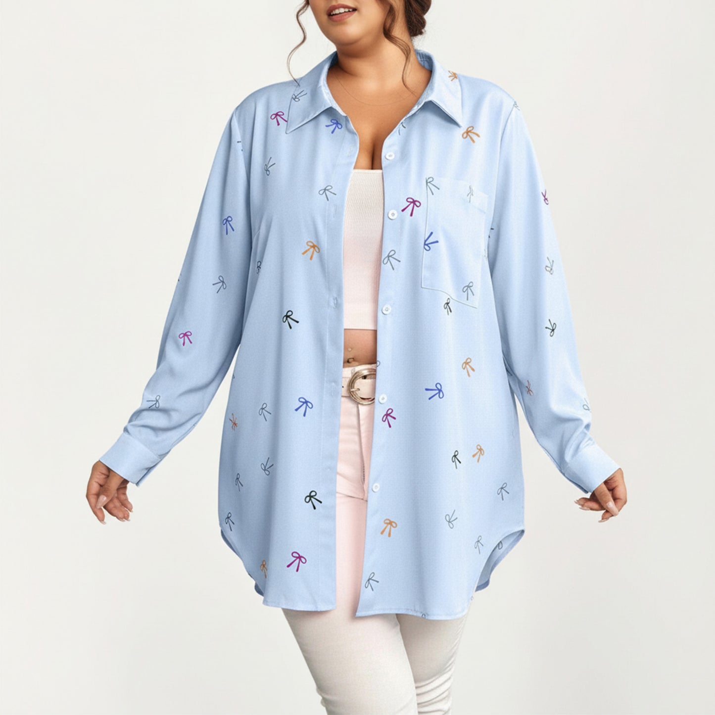 Plus Size Bow Print Long Sleeve Button Down Shirt with Relaxed Fit and Soft Fabric