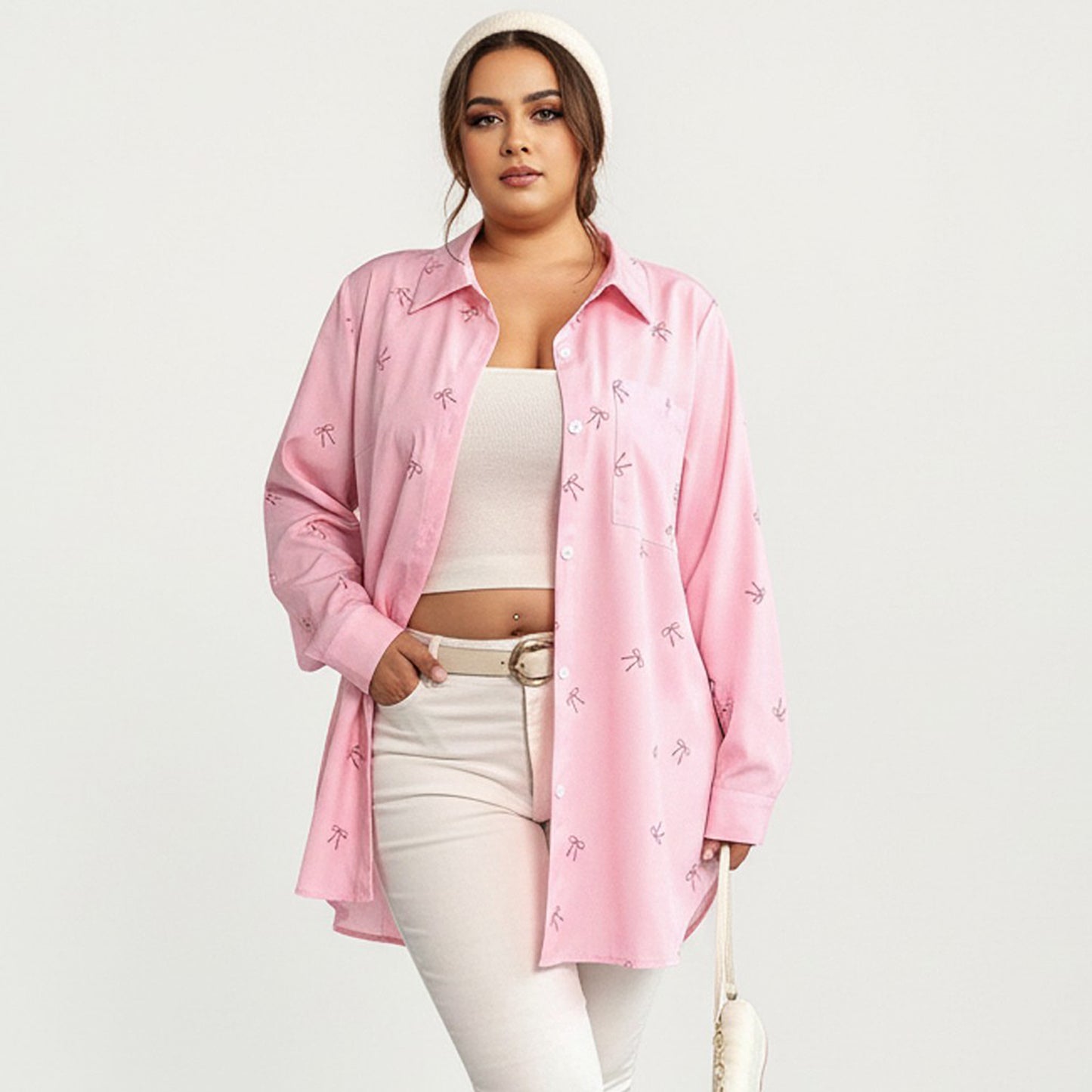 Plus Size Bow Print Long Sleeve Button Down Shirt with Relaxed Fit and Soft Fabric