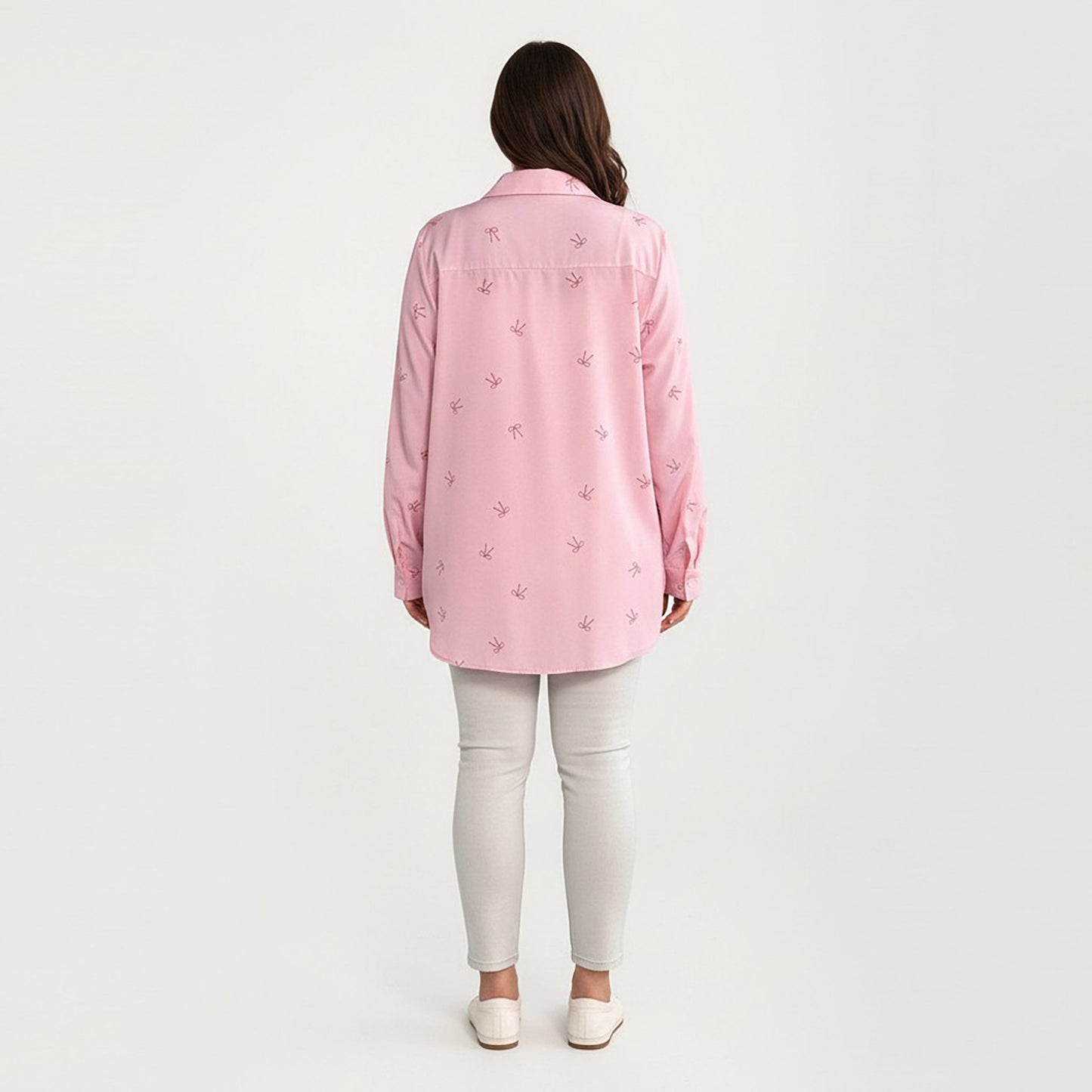Plus Size Bow Print Long Sleeve Button Down Shirt with Relaxed Fit and Soft Fabric
