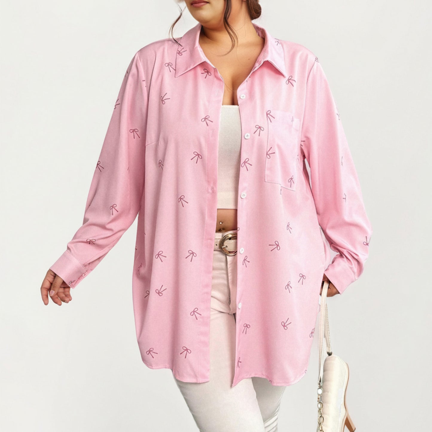 Plus Size Bow Print Long Sleeve Button Down Shirt with Relaxed Fit and Soft Fabric