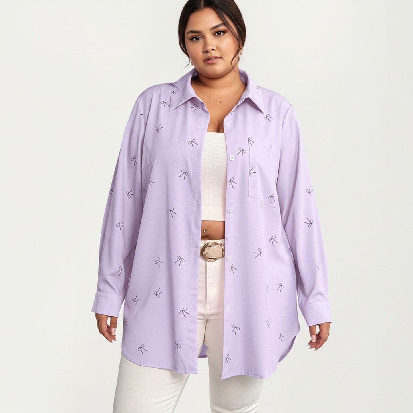 Plus Size Bow Print Long Sleeve Button Down Shirt with Relaxed Fit and Soft Fabric
