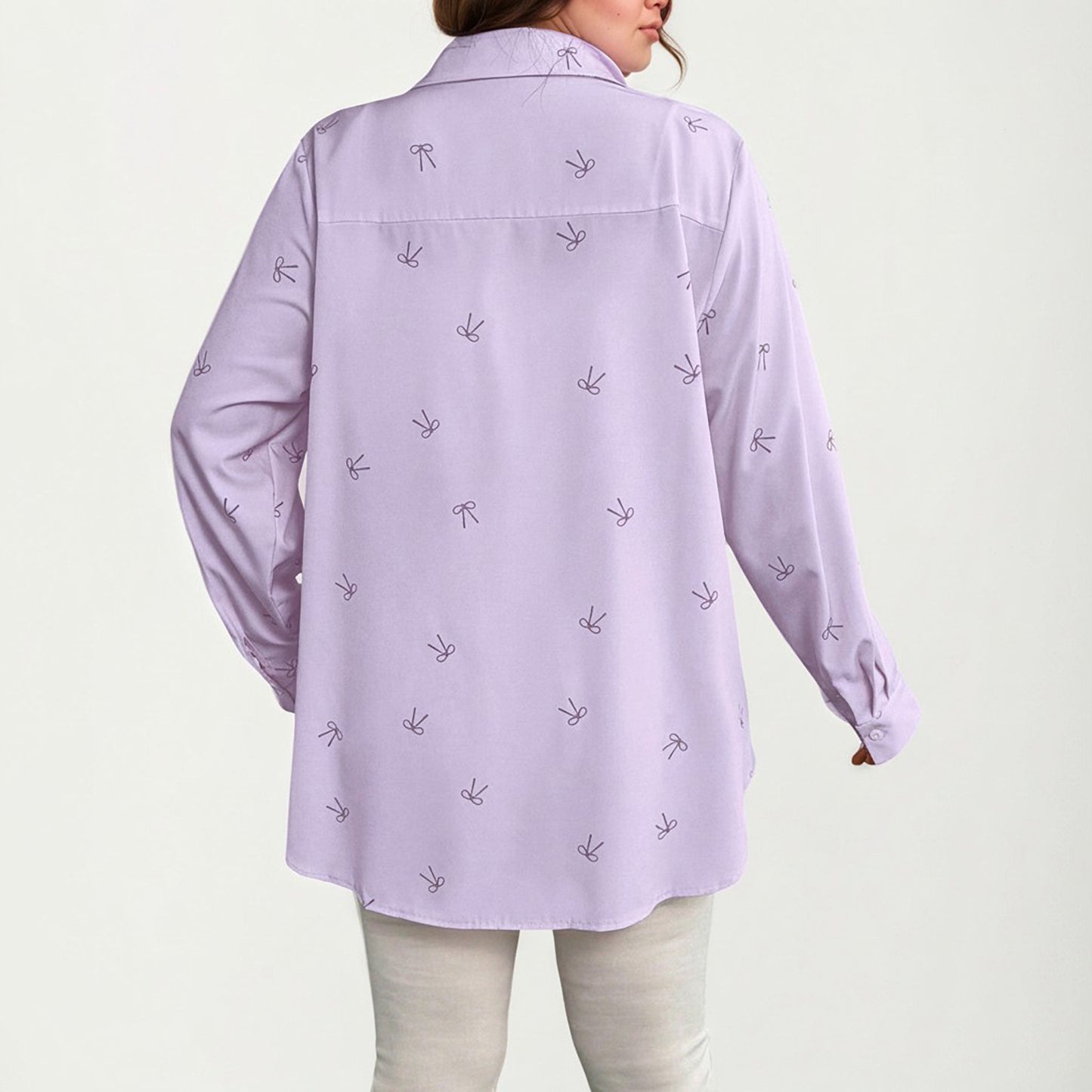 Plus Size Bow Print Long Sleeve Button Down Shirt with Relaxed Fit and Soft Fabric