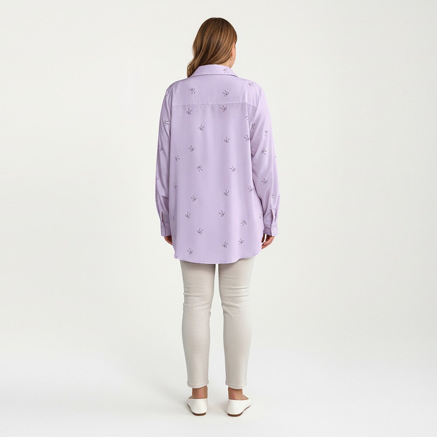 Plus Size Bow Print Long Sleeve Button Down Shirt with Relaxed Fit and Soft Fabric
