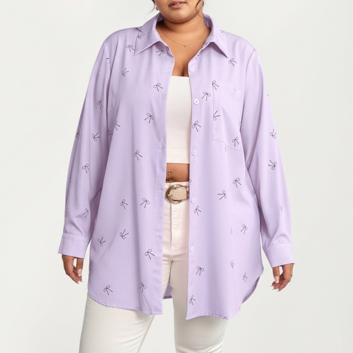 Plus Size Bow Print Long Sleeve Button Down Shirt with Relaxed Fit and Soft Fabric