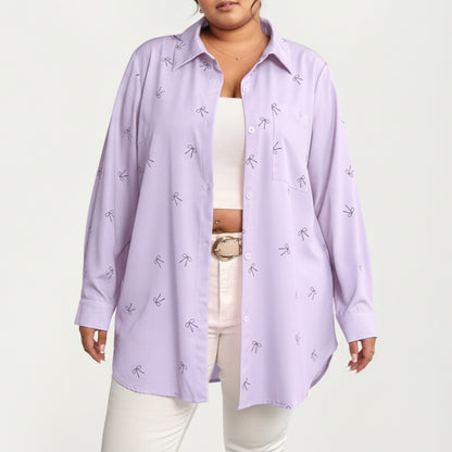 Plus Size Bow Print Long Sleeve Button Down Shirt with Relaxed Fit and Soft Fabric