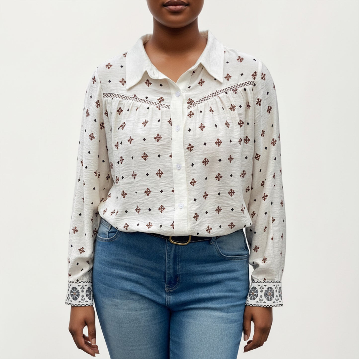 Plus Size Geometric Print Long Sleeve Button Down Shirt with Lace Trim and Relaxed Fit