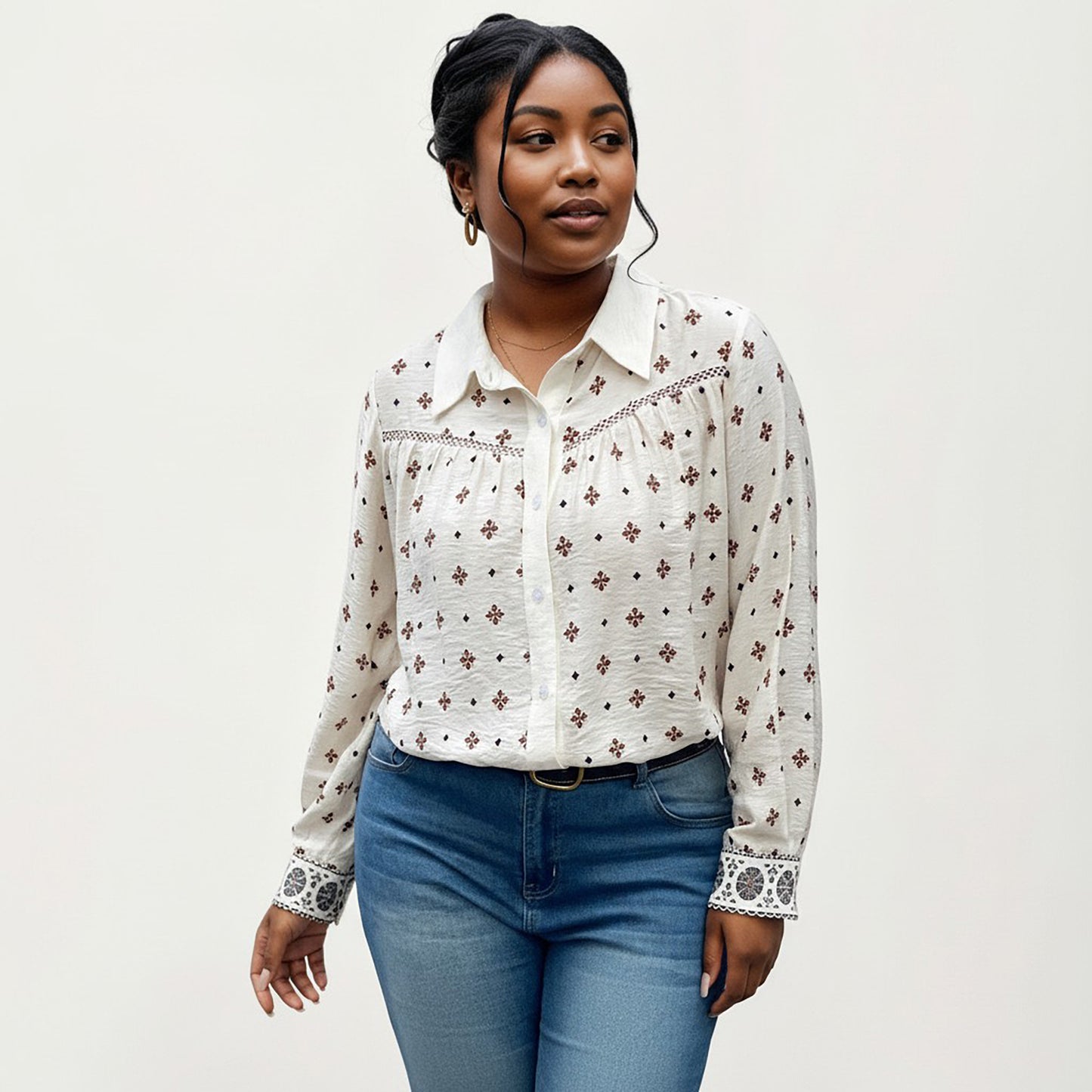 Plus Size Geometric Print Long Sleeve Button Down Shirt with Lace Trim and Relaxed Fit