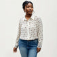 Plus Size Geometric Print Long Sleeve Button Down Shirt with Lace Trim and Relaxed Fit