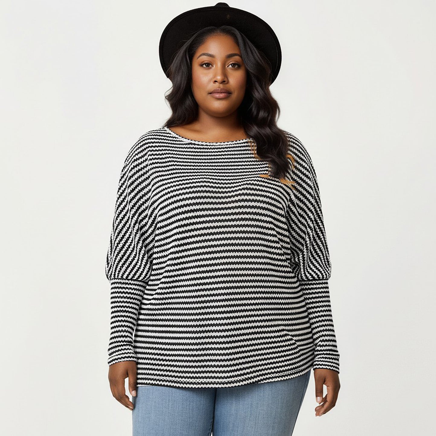 Plus Size Striped Knit Long Sleeve Pullover Top with Drop Shoulder Fit and Soft Fabric