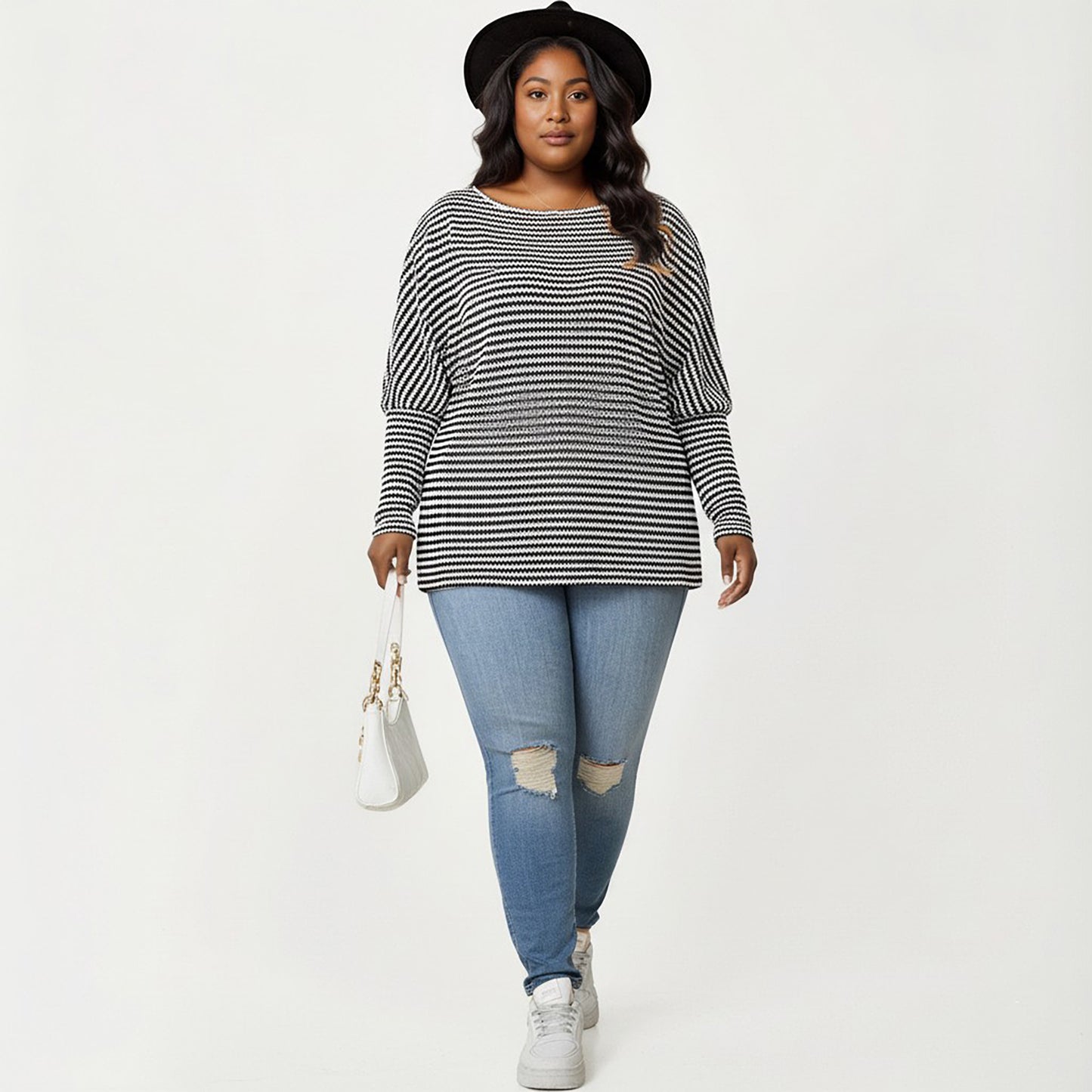 Plus Size Striped Knit Long Sleeve Pullover Top with Drop Shoulder Fit and Soft Fabric