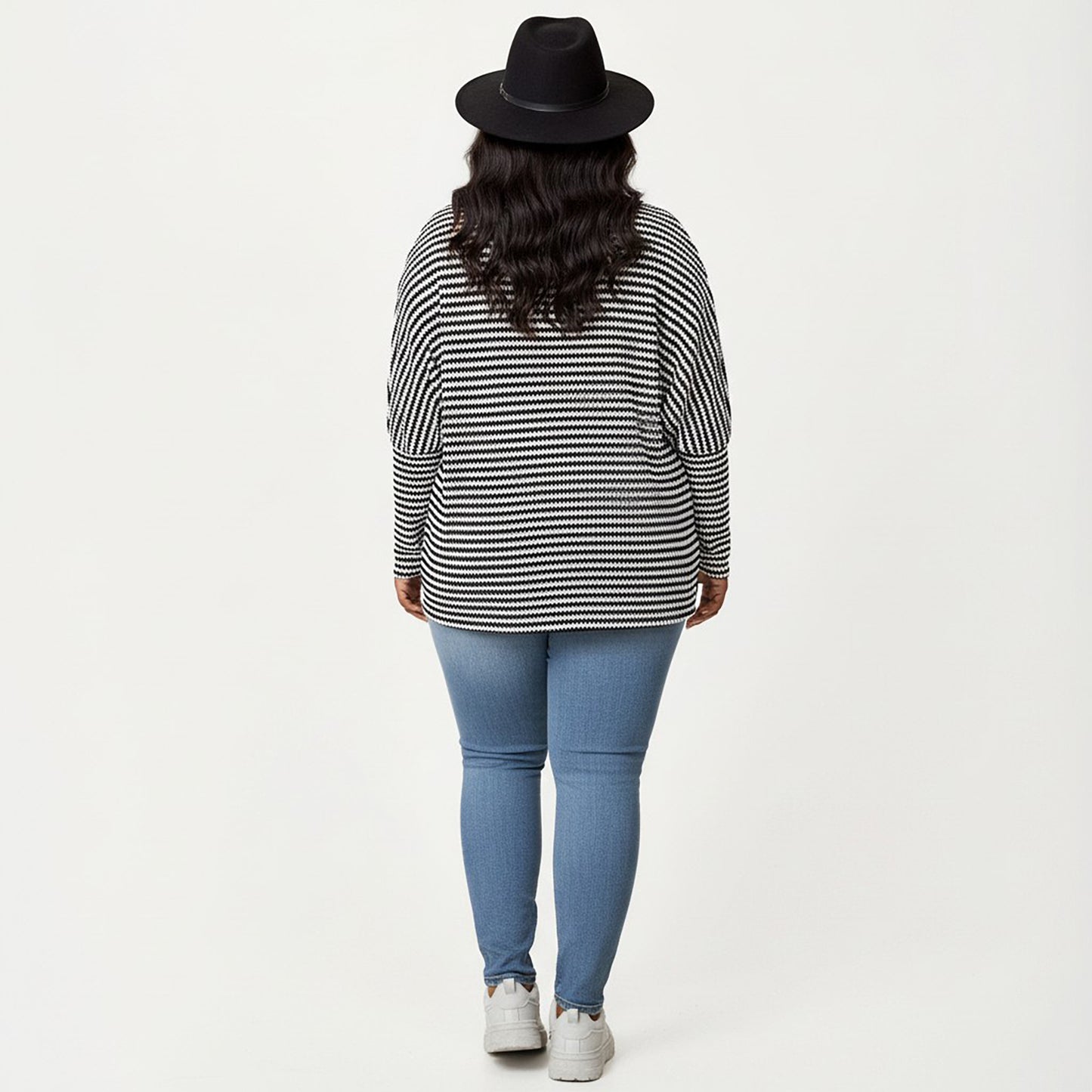 Plus Size Striped Knit Long Sleeve Pullover Top with Drop Shoulder Fit and Soft Fabric