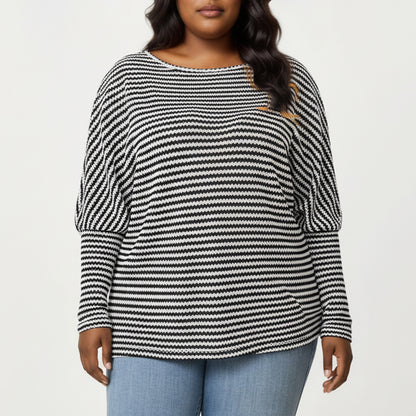 Plus Size Striped Knit Long Sleeve Pullover Top with Drop Shoulder Fit and Soft Fabric