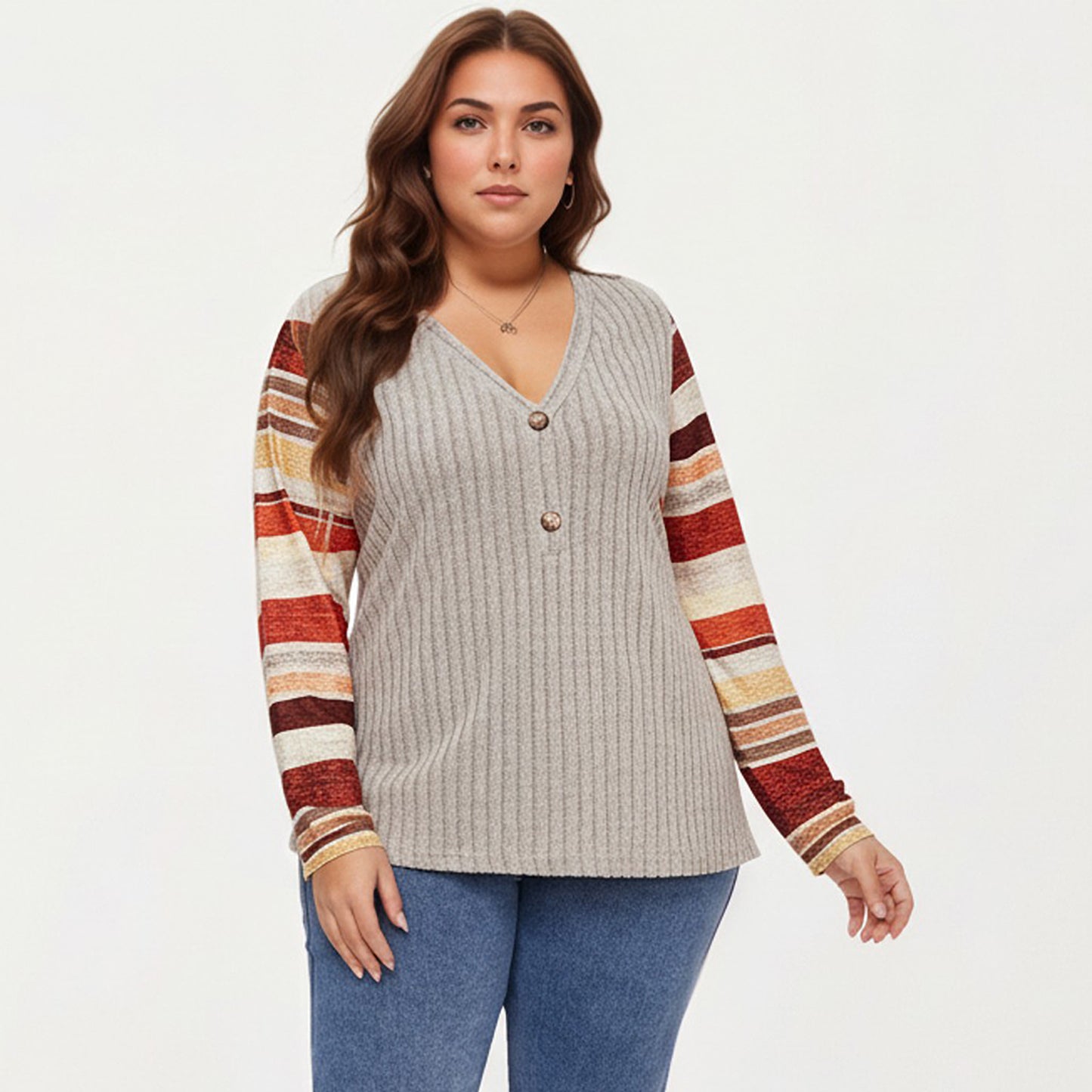 Plus Size Ribbed Knit Long Sleeve Pullover Top with V Neck Button Detail and Striped Sleeves