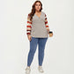 Plus Size Ribbed Knit Long Sleeve Pullover Top with V Neck Button Detail and Striped Sleeves