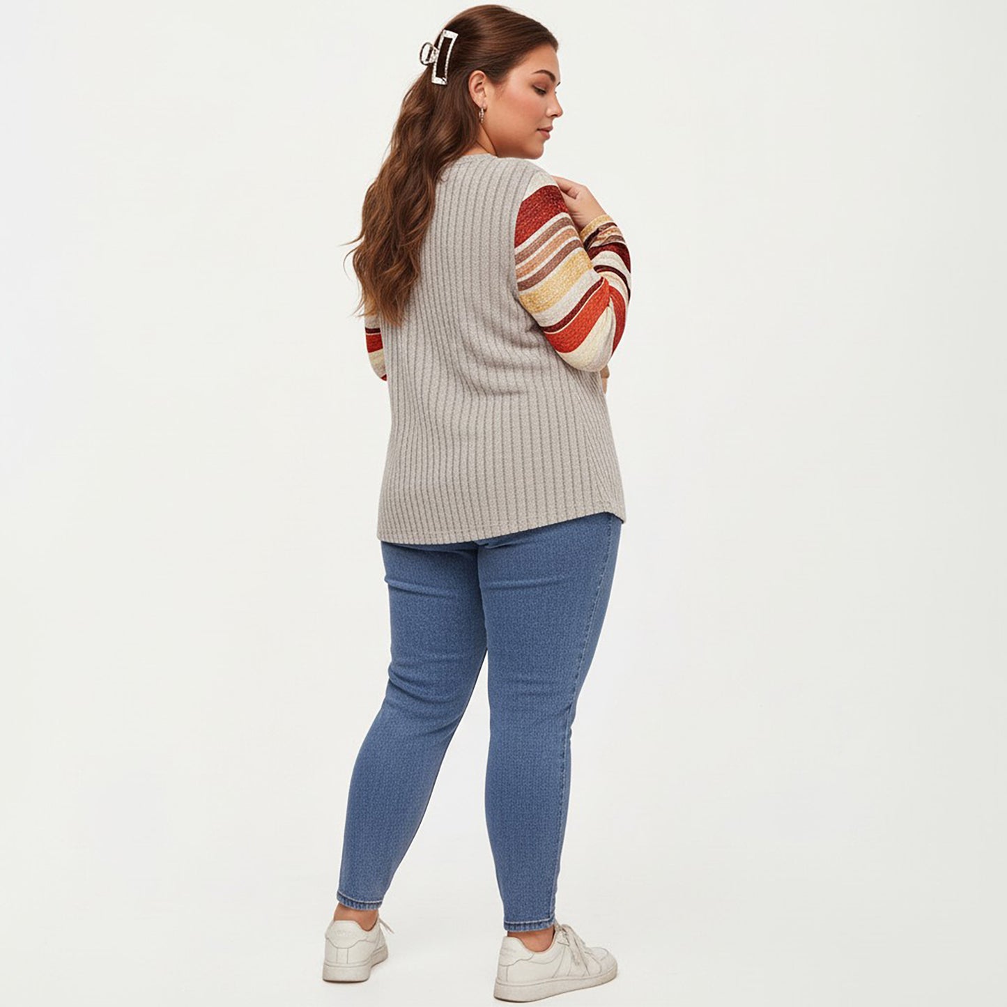 Plus Size Ribbed Knit Long Sleeve Pullover Top with V Neck Button Detail and Striped Sleeves