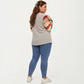 Plus Size Ribbed Knit Long Sleeve Pullover Top with V Neck Button Detail and Striped Sleeves