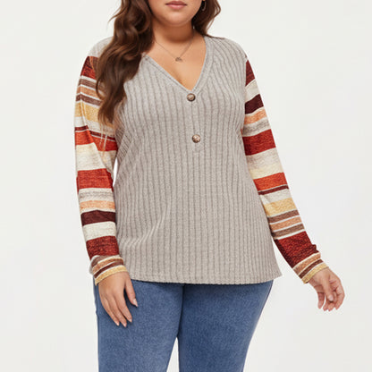 Plus Size Ribbed Knit Long Sleeve Pullover Top with V Neck Button Detail and Striped Sleeves