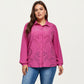 Plus Size Long Sleeve Button Down Blouse with Perforated Eyelet Pattern and Classic Collar