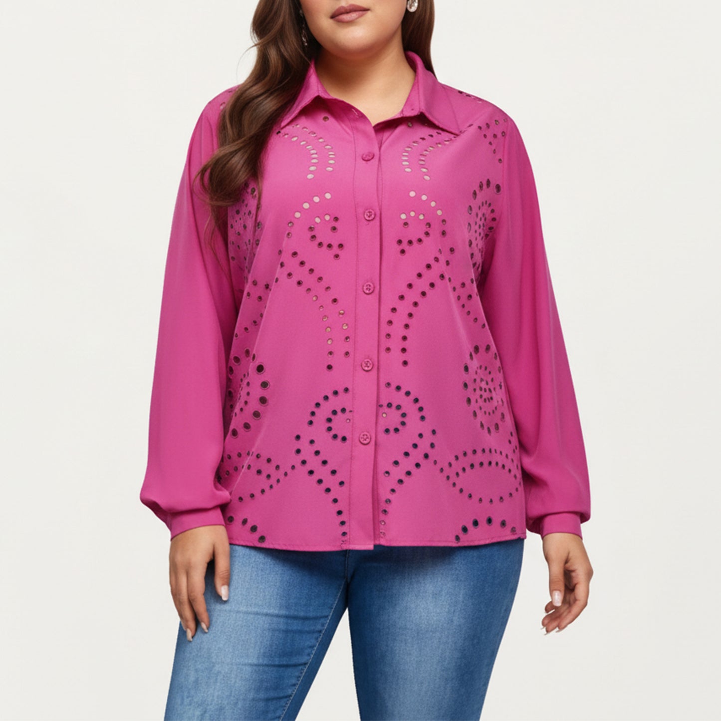 Plus Size Long Sleeve Button Down Blouse with Perforated Eyelet Pattern and Classic Collar