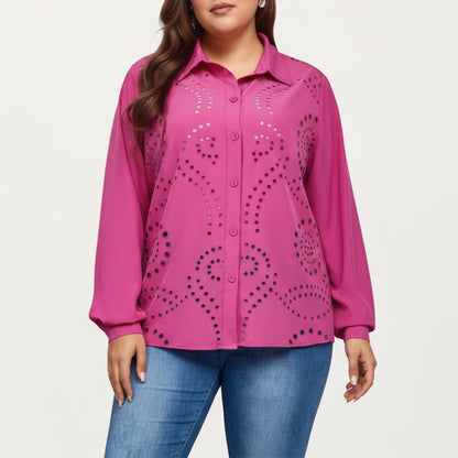 Plus Size Long Sleeve Button Down Blouse with Perforated Eyelet Pattern and Classic Collar