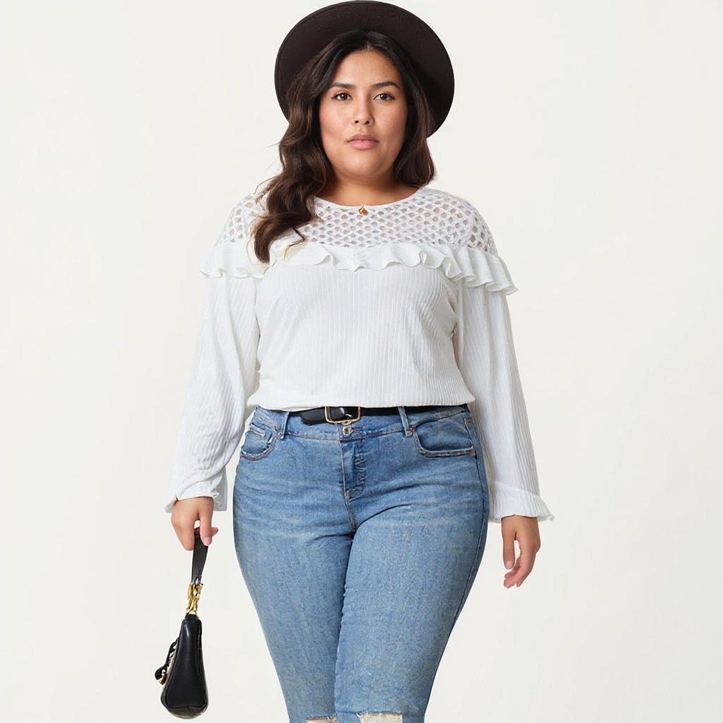 Plus Size Long Sleeve Textured Blouse with Lace Yoke Panel and Soft Ruffle Detail