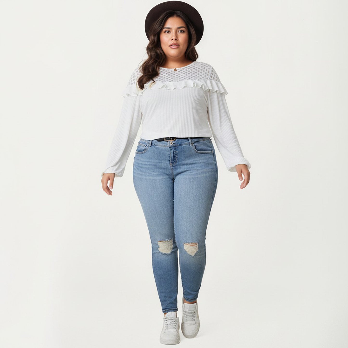 Plus Size Long Sleeve Textured Blouse with Lace Yoke Panel and Soft Ruffle Detail