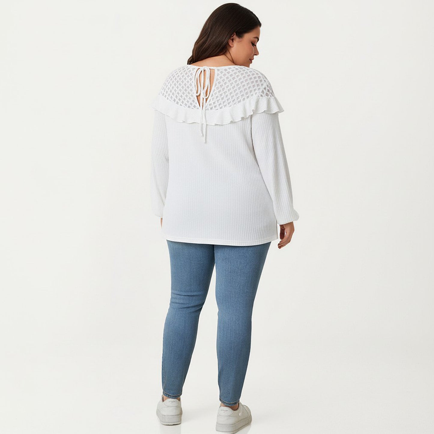Plus Size Long Sleeve Textured Blouse with Lace Yoke Panel and Soft Ruffle Detail