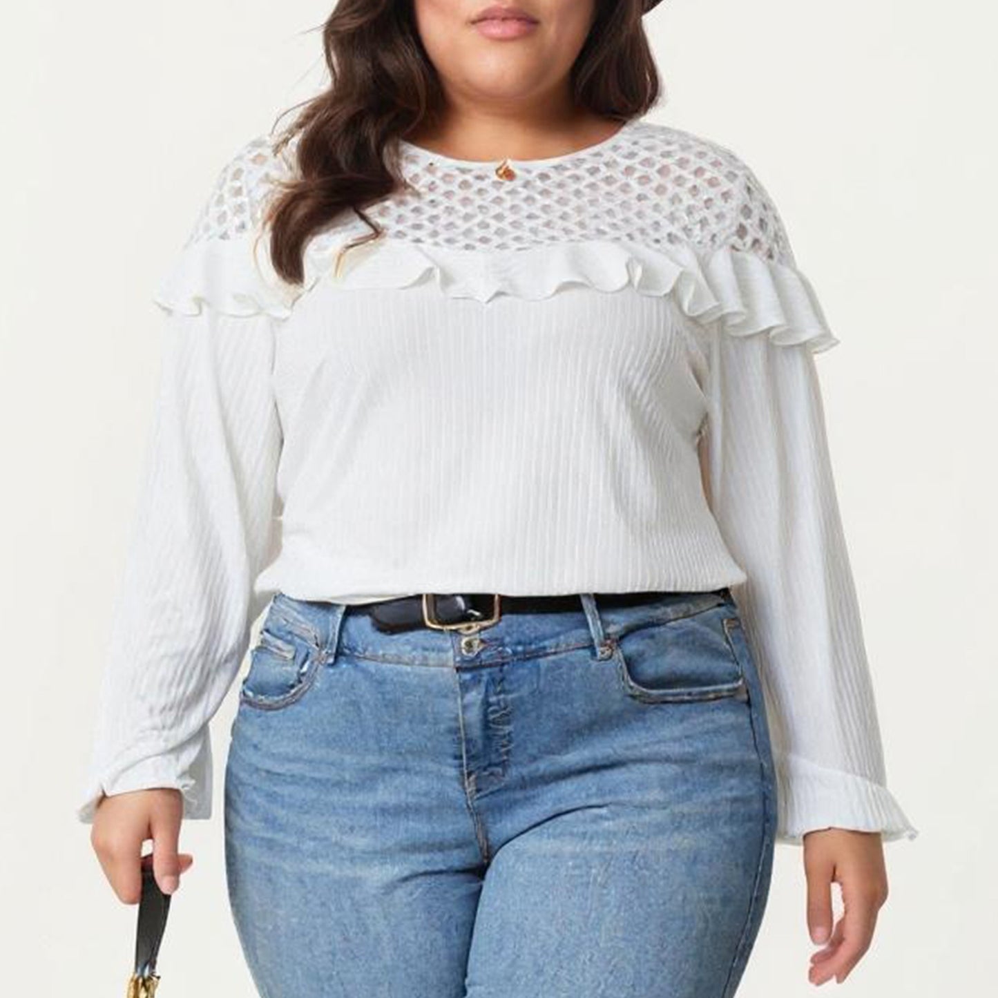 Plus Size Long Sleeve Textured Blouse with Lace Yoke Panel and Soft Ruffle Detail