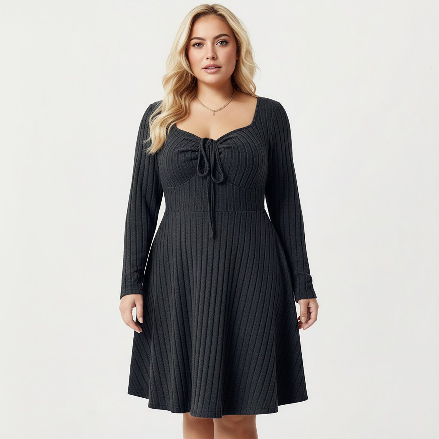 Plus Size Long Sleeve Ribbed Knit Dress with Tie Front Detail and Flared Skirt