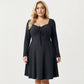 Plus Size Long Sleeve Ribbed Knit Dress with Tie Front Detail and Flared Skirt