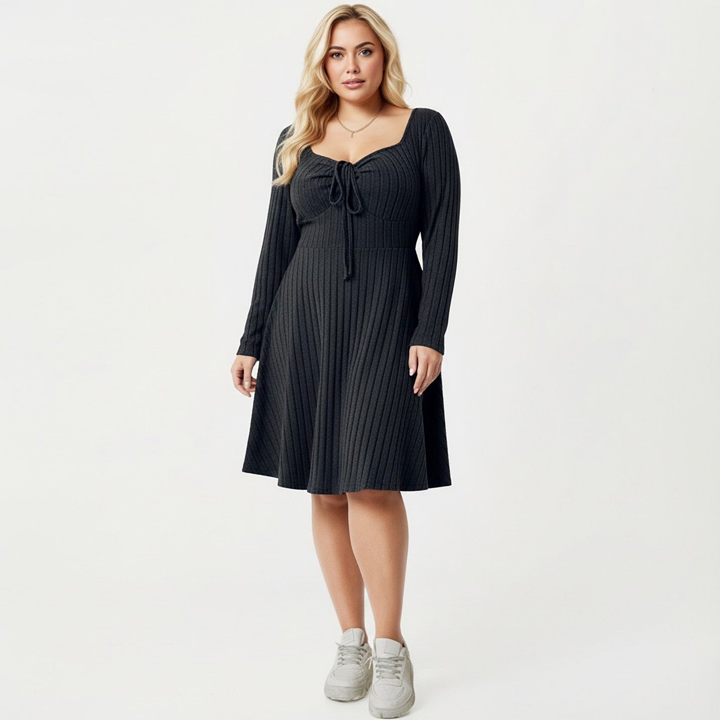 Plus Size Long Sleeve Ribbed Knit Dress with Tie Front Detail and Flared Skirt
