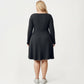 Plus Size Long Sleeve Ribbed Knit Dress with Tie Front Detail and Flared Skirt
