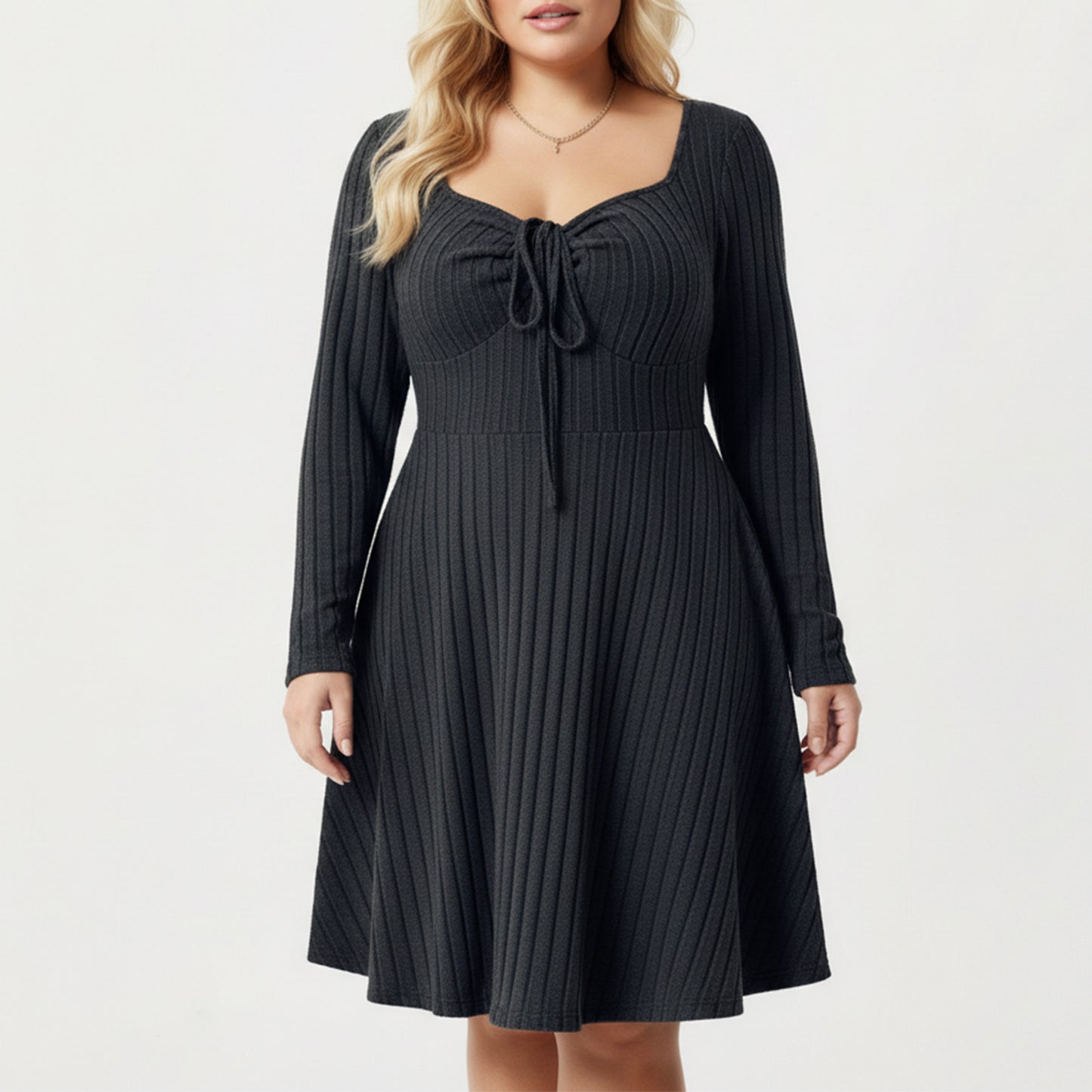 Plus Size Long Sleeve Ribbed Knit Dress with Tie Front Detail and Flared Skirt