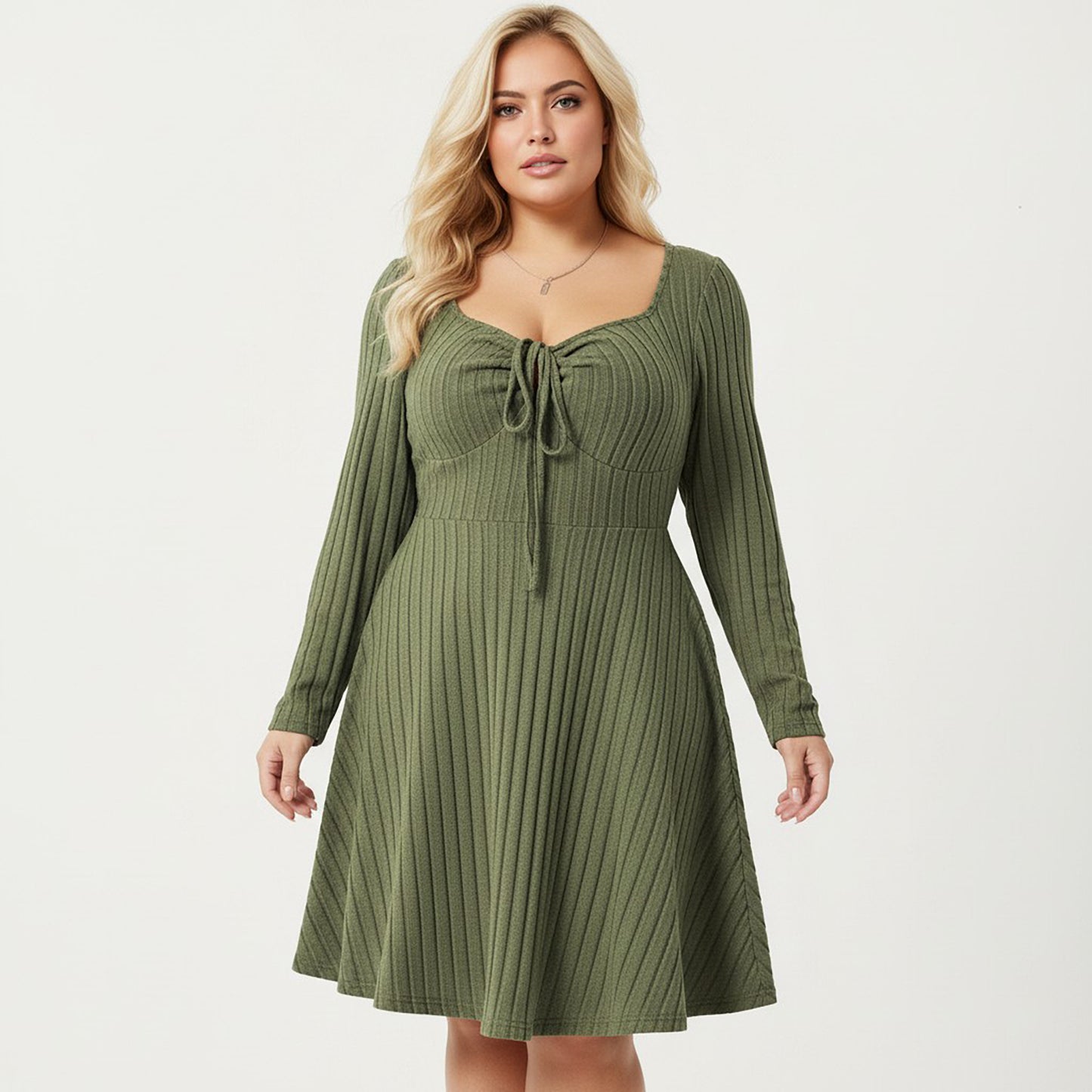 Plus Size Long Sleeve Ribbed Knit Dress with Tie Front Detail and Flared Skirt