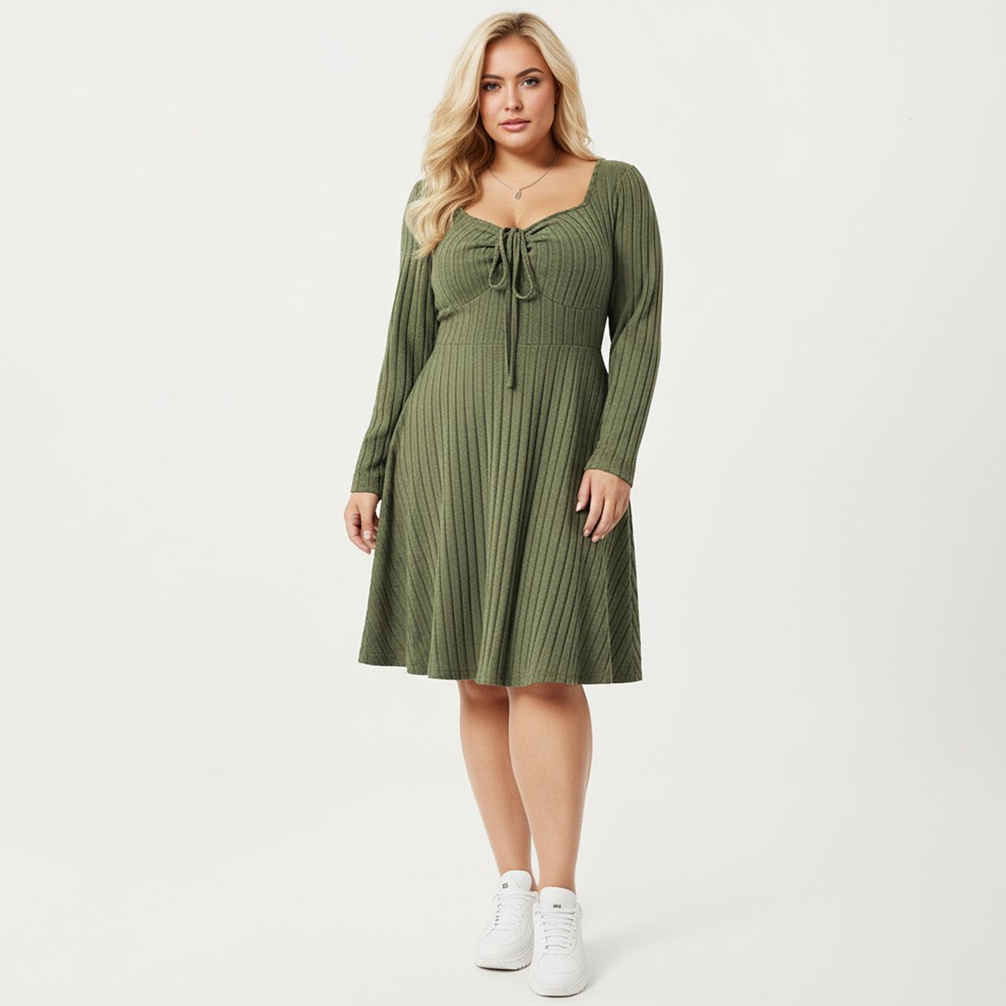 Plus Size Long Sleeve Ribbed Knit Dress with Tie Front Detail and Flared Skirt