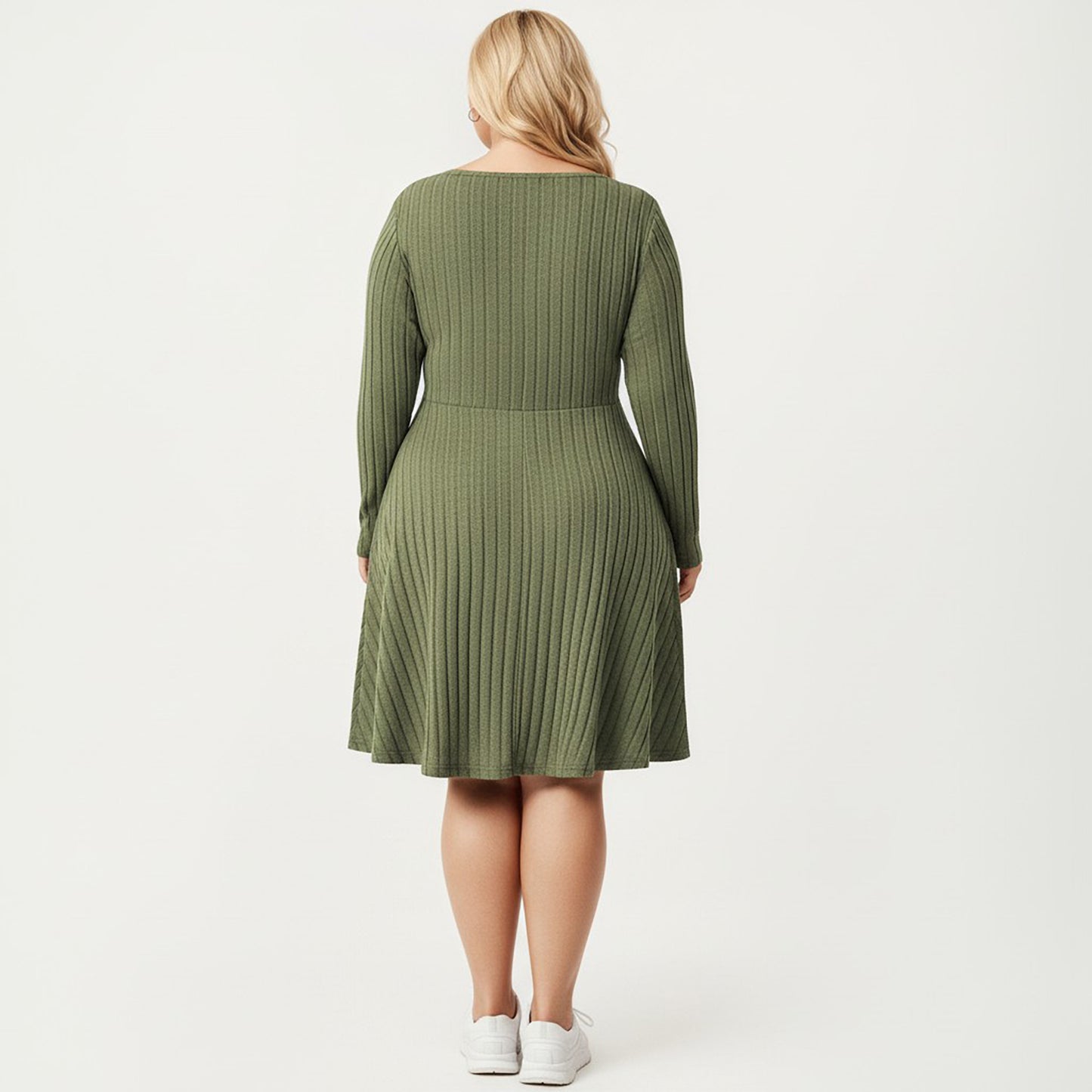 Plus Size Long Sleeve Ribbed Knit Dress with Tie Front Detail and Flared Skirt