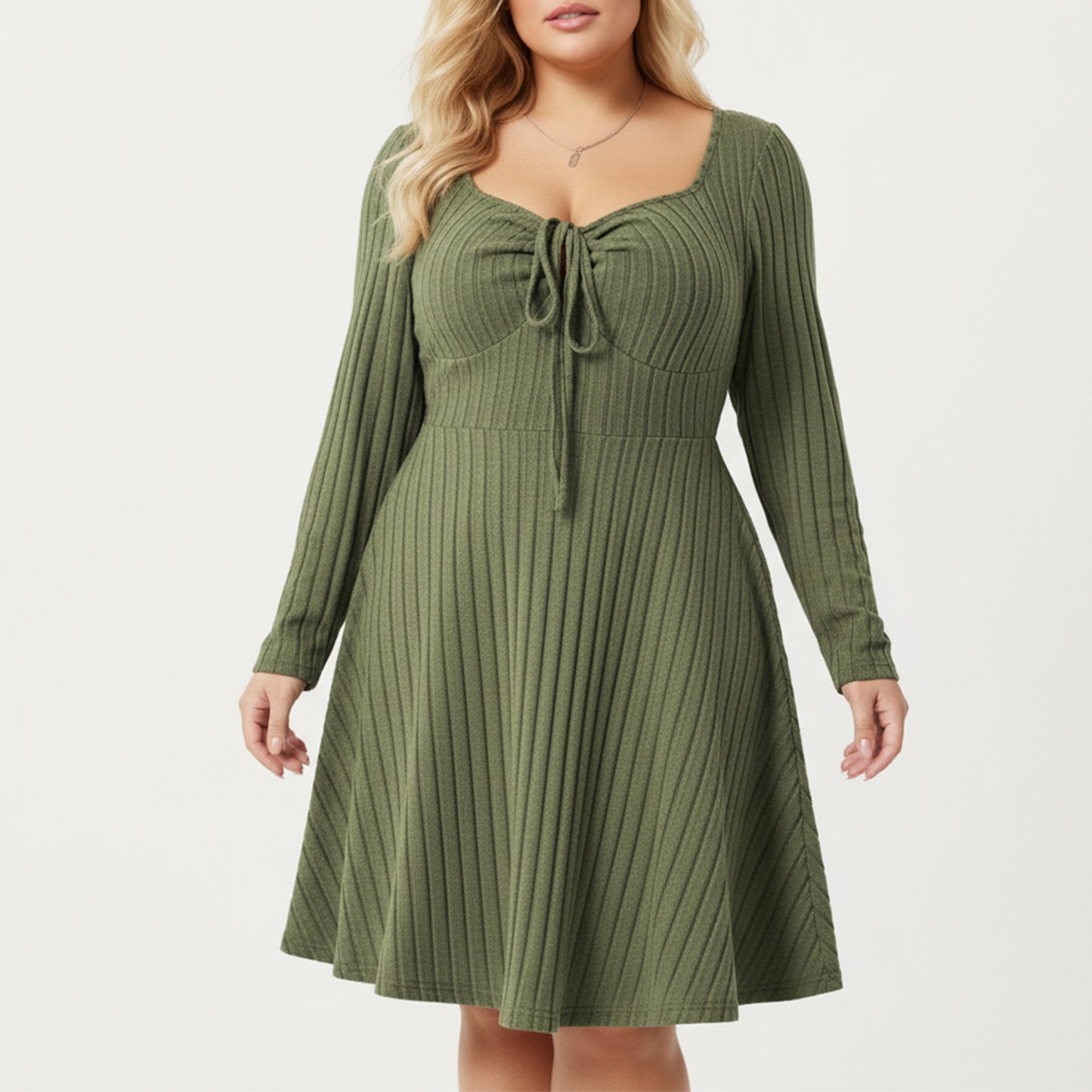 Plus Size Long Sleeve Ribbed Knit Dress with Tie Front Detail and Flared Skirt