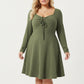 Plus Size Long Sleeve Ribbed Knit Dress with Tie Front Detail and Flared Skirt