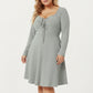 Plus Size Long Sleeve Ribbed Knit Dress with Tie Front Detail and Flared Skirt