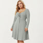Plus Size Long Sleeve Ribbed Knit Dress with Tie Front Detail and Flared Skirt