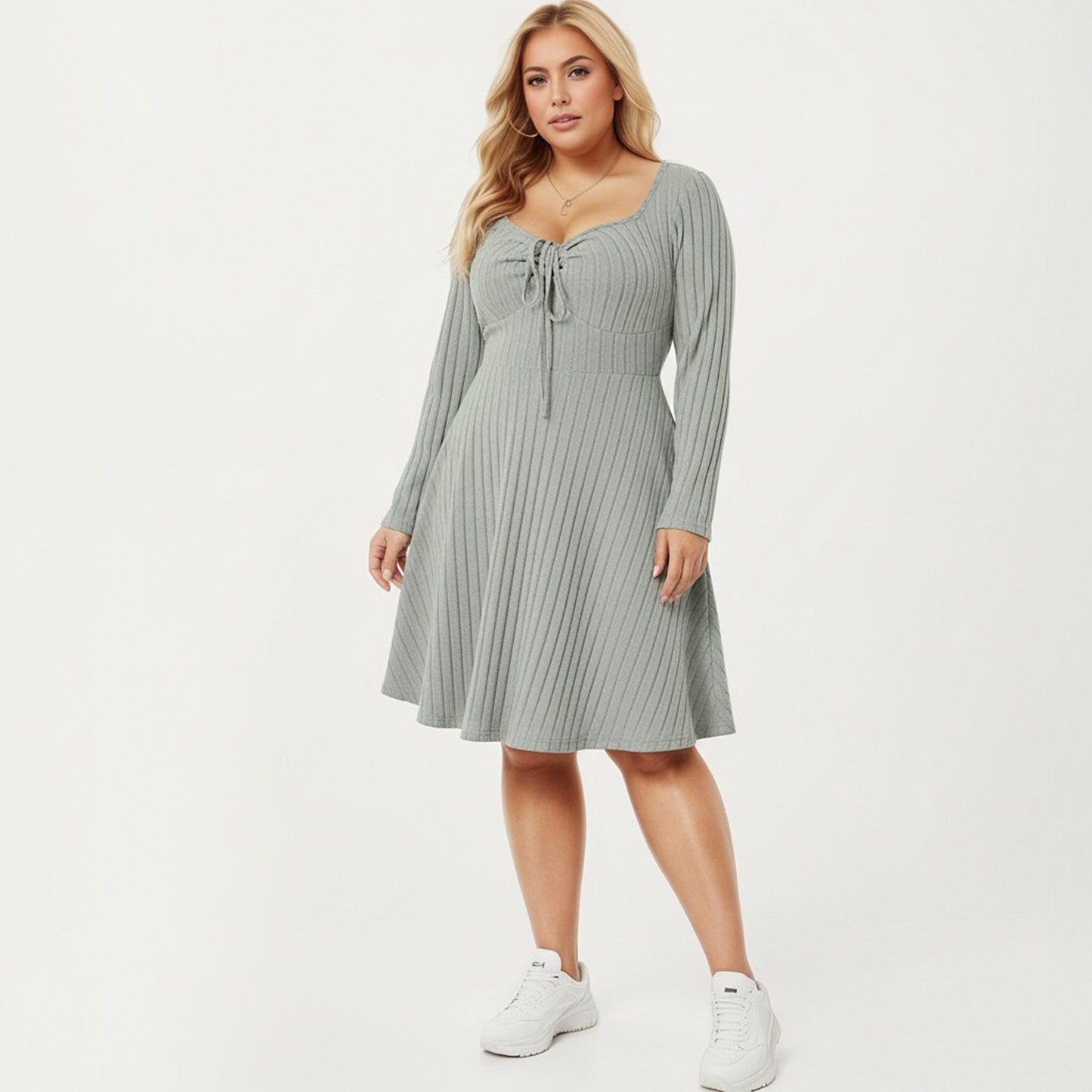 Plus Size Long Sleeve Ribbed Knit Dress with Tie Front Detail and Flared Skirt