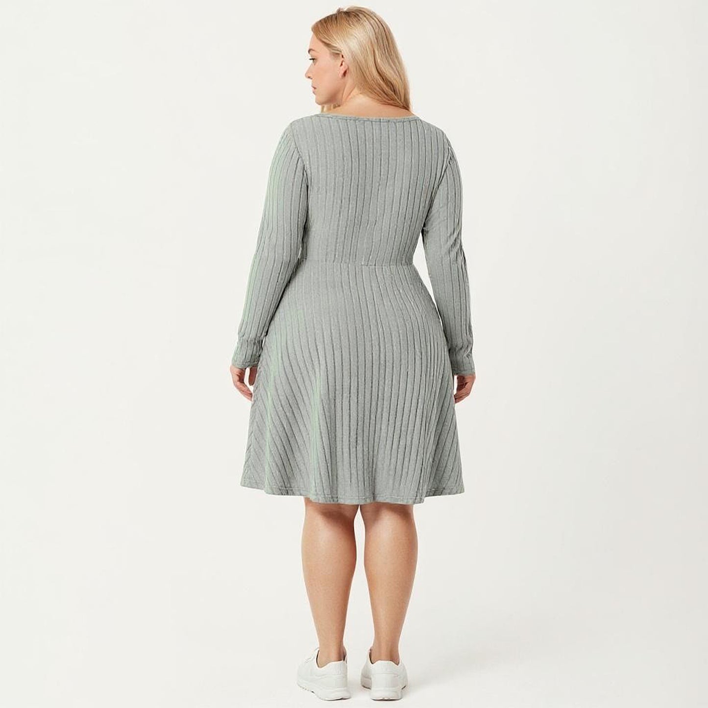 Plus Size Long Sleeve Ribbed Knit Dress with Tie Front Detail and Flared Skirt