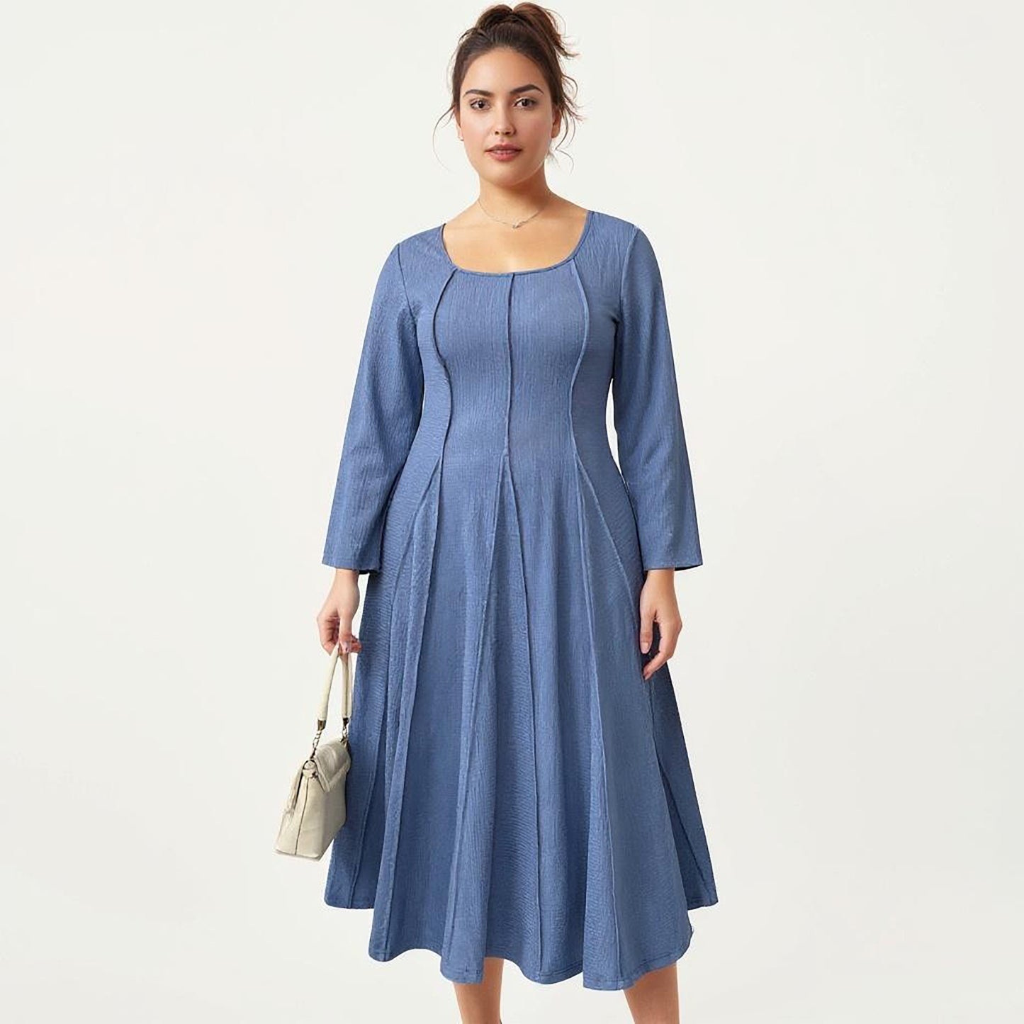 Plus Size Long Sleeve Midi Dress with Fitted Bodice, Flared Skirt, and Square Neckline
