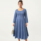 Plus Size Long Sleeve Midi Dress with Fitted Bodice, Flared Skirt, and Square Neckline