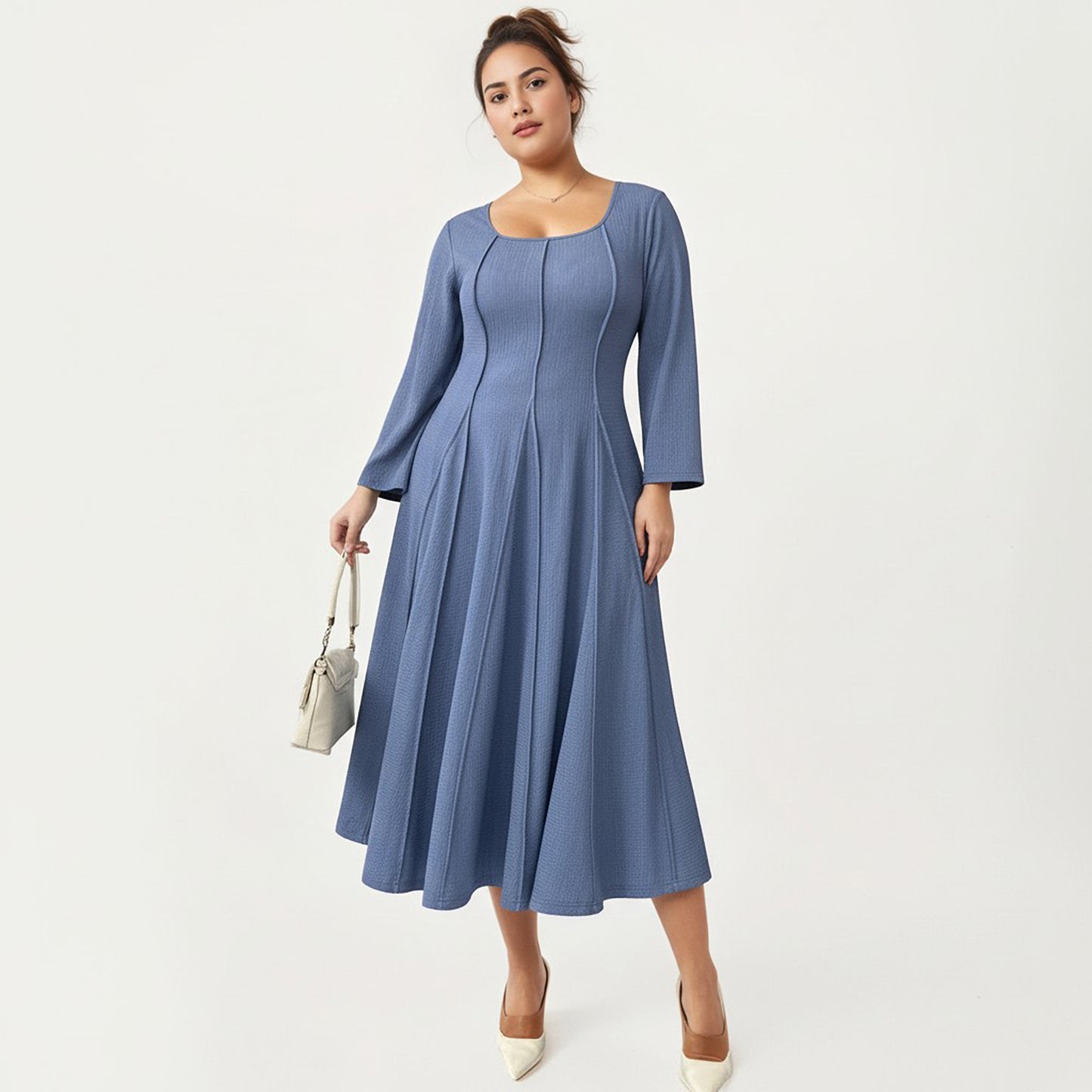 Plus Size Long Sleeve Midi Dress with Fitted Bodice, Flared Skirt, and Square Neckline
