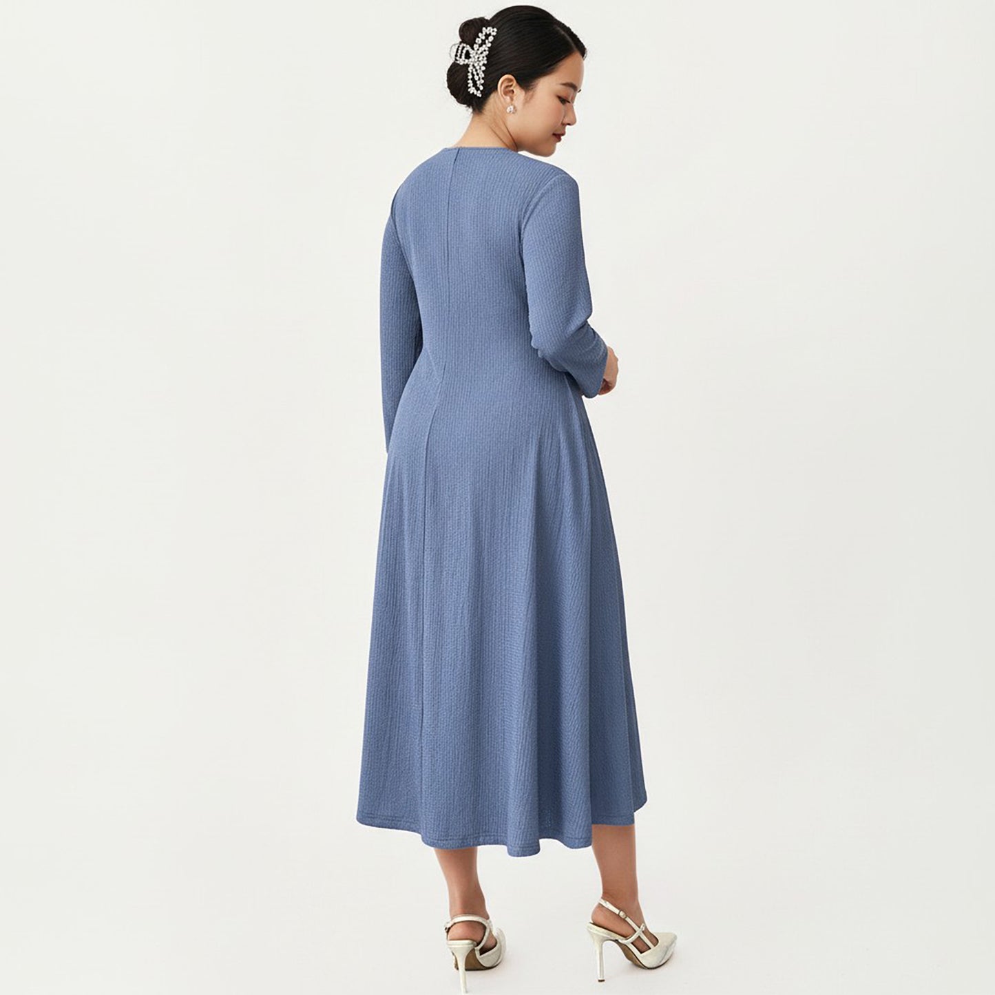 Plus Size Long Sleeve Midi Dress with Fitted Bodice, Flared Skirt, and Square Neckline
