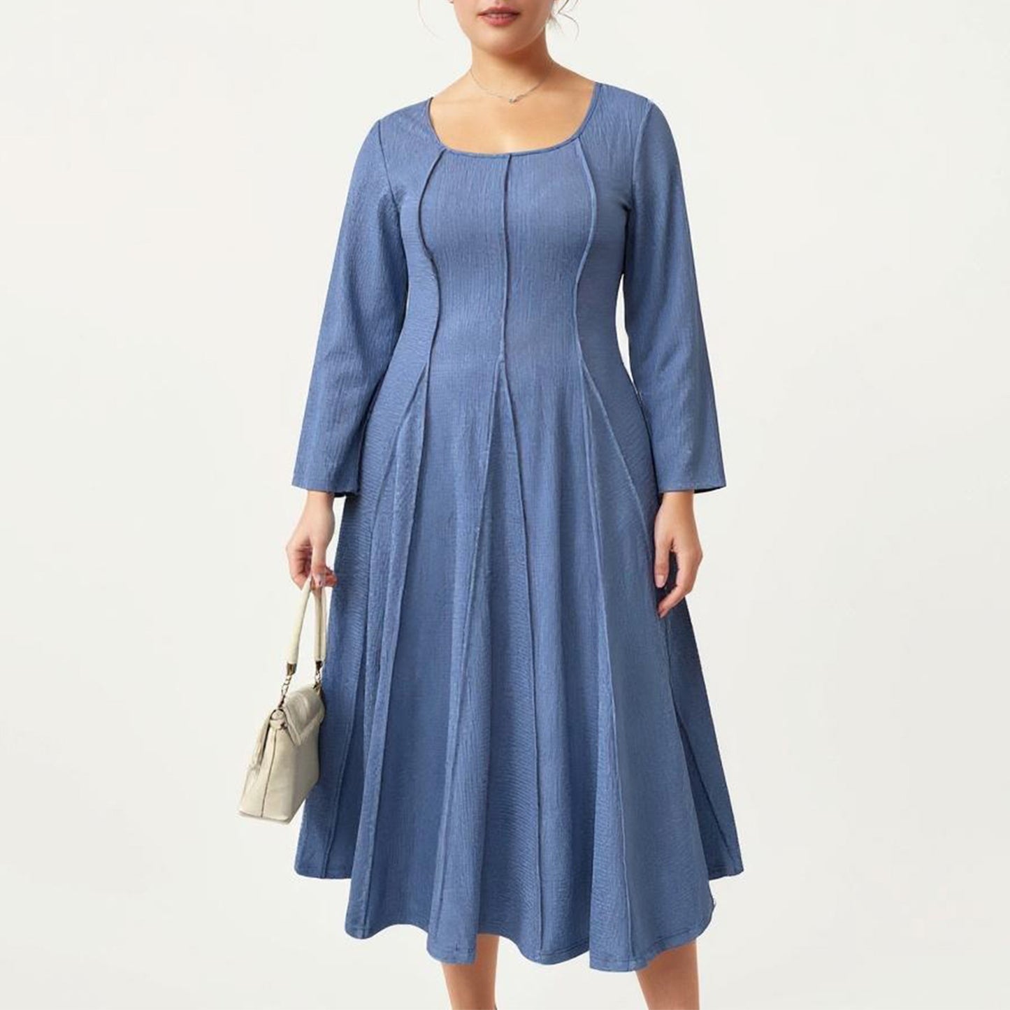 Plus Size Long Sleeve Midi Dress with Fitted Bodice, Flared Skirt, and Square Neckline