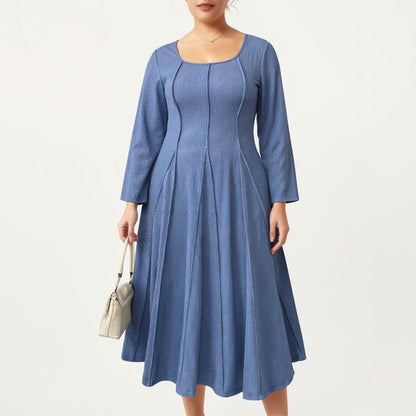 Plus Size Long Sleeve Midi Dress with Fitted Bodice, Flared Skirt, and Square Neckline